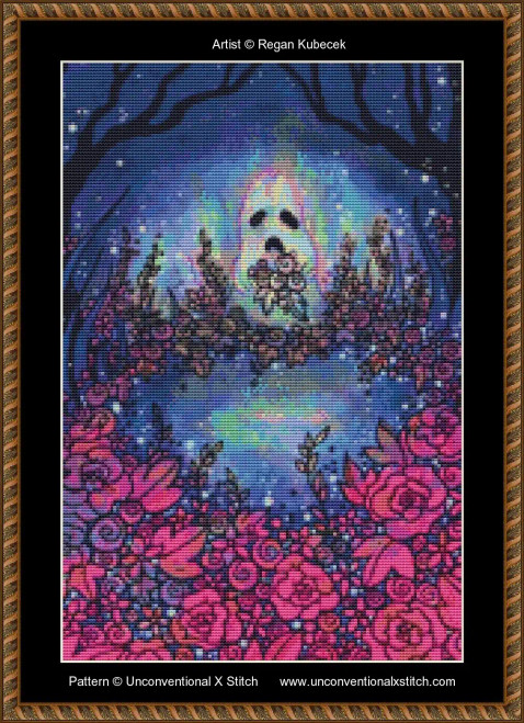 Cross stitch pattern featuring a spectral figure in a colourful, starry landscape. At the centre is a ghostly white form with black eye sockets and an open mouth, surrounded by a vivid halo of blues, greens, and pinks, suggesting an ethereal glow. The background is a deep blue night sky filled with stars. Surrounding the spectral figure is an intricate array of flowers in shades of pink and purple. Stylized branches and foliage weave around the edges, creating a sense of enclosure and depth. The image has a pointillist texture, giving it a detailed and textured appearance.