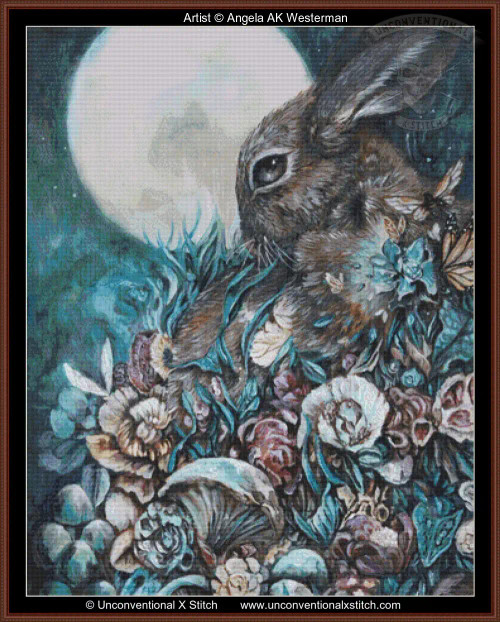 Cross-stitch pattern of an artwork featuring a rabbit surrounded by a rich tapestry of flowers and foliage against a large, bright full moon in the background. The rabbit, with its keen eye and textured fur, is positioned on the right side, partially facing the moon. The flora, intricately detailed with various shades of blues, greens, and browns, fills the foreground. A butterfly is subtly interwoven within the flowers. The composition has a mystical, dreamlike quality, with the moon casting a soft glow over the scene. The background features a dark, textured night sky, enhancing the vividness of the moon.