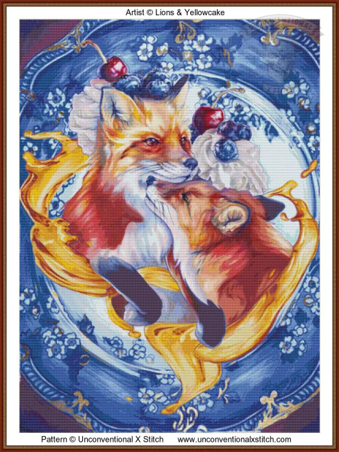 Breakfast with Foxes cross stitch pattern