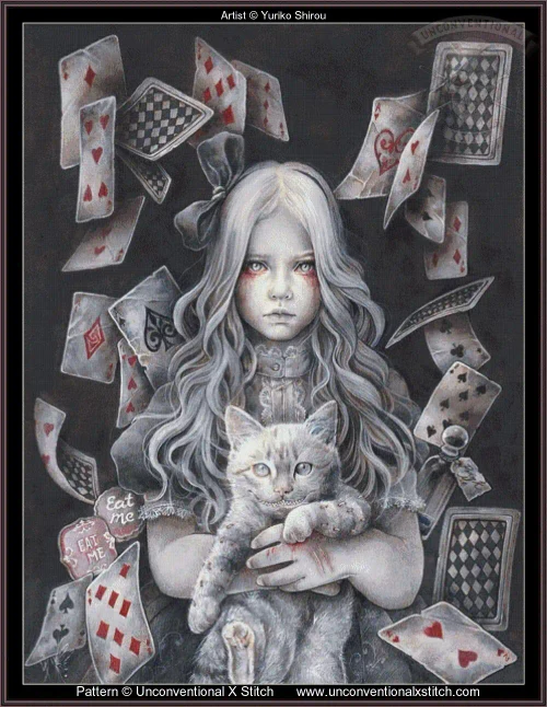Alice and the Cat cross stitch pattern