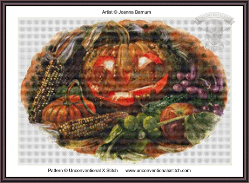 A fall themed cross stitch pattern of a Jack-o lanterm with spooky carved eyes in a rich autumn green. Surrounded by corn and grapes and other fruits and vegetables in a stylised illustration. 