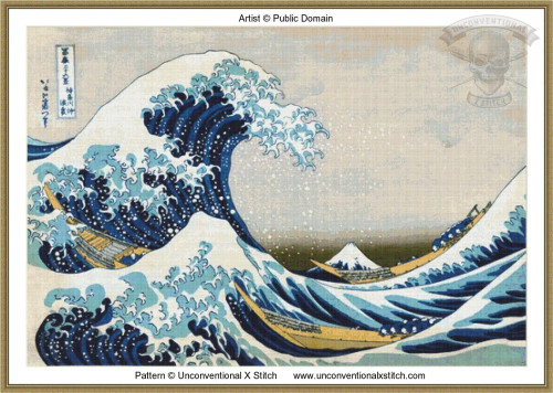 cross stitch pattern of a large cresting wave with boats and a distant mountain in a style reminiscent of Japanese woodblock prints, a replica of the Great Wave off Kanagawa