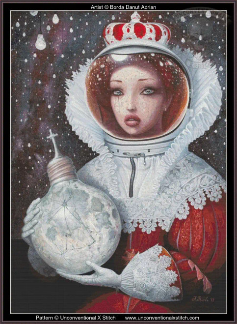 Cross stitch pattern of a royal Queen with red hair, donning an intricate lace-trimmed space helmet and wearing a patterned, ornate red and white outfit with lace details reminiscent of a historical gown. Her visage is ethereal, with large, expressive eyes and full lips. She holds a round object, resembling the moon or a celestial globe, with her gloved hands. The background is a cosmic scene, depicting dark space with specks resembling stars and ethereal drops that float around, contributing to the fantastical atmosphere.