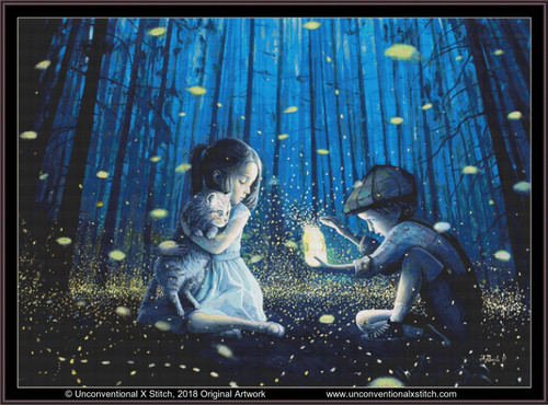 Cross-stitch pattern of a magical night-time scene in a dense, dark blue forest. In the centre, a young girl in a light blue dress is sitting down, cradling a cat in her arms. Her eyes are closed, and she has a serene expression. Next to her, a young boy wearing a cap and rolled-up sleeves squats with an intense focus, holding a jar that emits bright yellow light, illuminating both children's faces. Around them, numerous small glowing particles, likely fireflies, hover in the air, creating an enchanting atmosphere. Tall trees with thin trunks and a dense blue hue provide a mysterious backdrop, enhancing the magical feel of the scene.