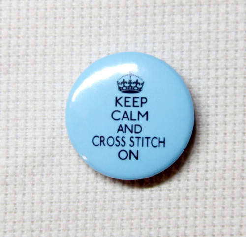 Keep Calm and Cross Stitch On needle minder blue