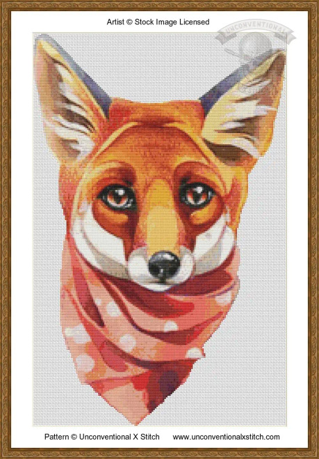 cross stitch pattern of a red fox wearing a dapper red neck scarf with white polkadots