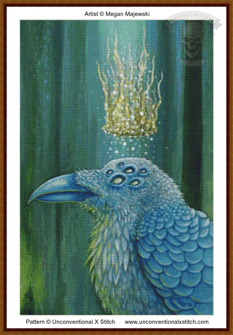 cross-stitch pattern of a blue many eyed raven, featuring large, scaled feathers that transition into smaller, more detailed textures on its body. The bird’s head has multiple eyes arranged on its scalp, each glowing with a luminous appearance. Its beak is sharp and pointed, highlighted with shades of blue and lavender. Above the bird’s head hovers a golden crown, appearing ethereal with small luminous dots and wispy tendrils extending upwards. The background consists of vertical gradients of green and blue, giving a sense of depth and mystery. 