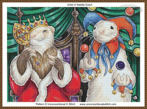 cross stitch pattern of a pair of ferrets dressed up as a king and a jester