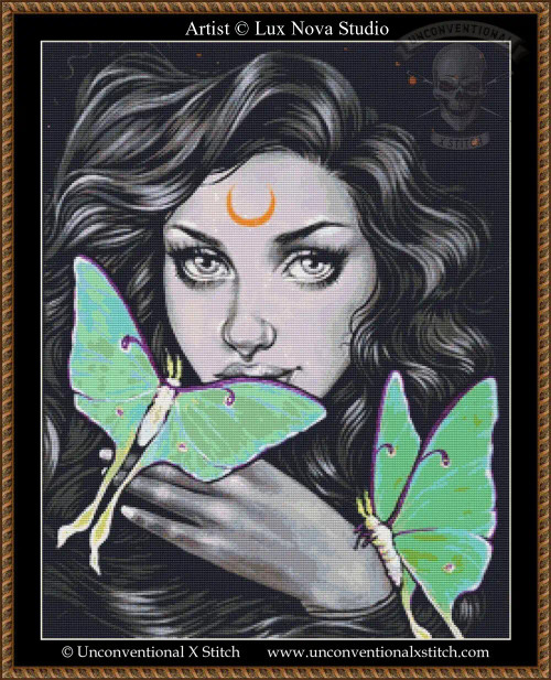 cross stitch pattern of a portrait of a woman with dark hair and a crescent moon on her forehead, accompanied by two green luna moths