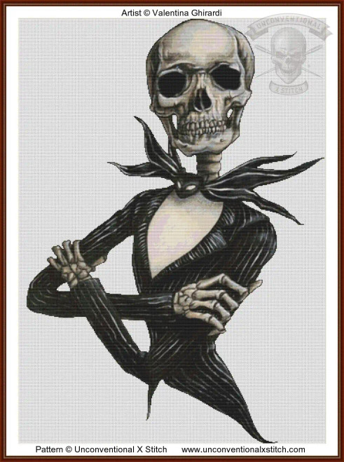cross stitch pattern of a skeleton in black striped suit with crossed arms and a bat bow tie