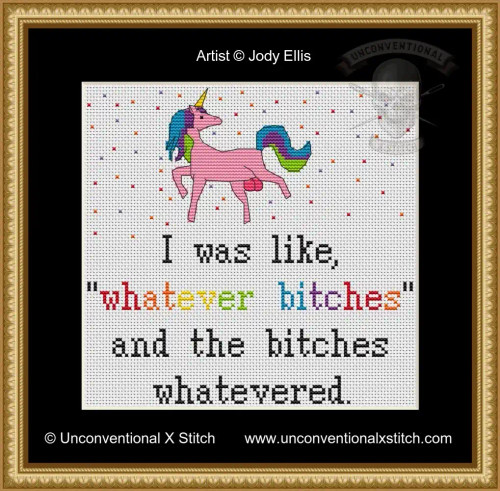 funny cross stitch pattern with a unicorn showing it's testicles being sassy