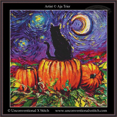 Cross-stitch artwork of a black cat sitting on a pumpkin with a swirling night sky.