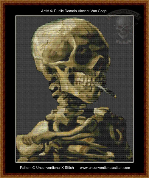 a cross-stitch rendition of a skull with a cigarette in its mouth, based on the artwork by Vincent van Gogh. The skull is depicted in three-quarter profile, with the cigarette clamped between its teeth, exhaling thin lines of smoke. The colors are muted, primarily consisting of shades of brown and beige, creating a sombre and realistic effect. 