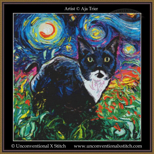 cross stitch pattern of a black and white cat set against a swirling colourful Van Gogh inpsired background