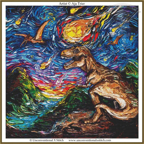 cross stitch pattern of a dinosaur watching the meteor crash to earth