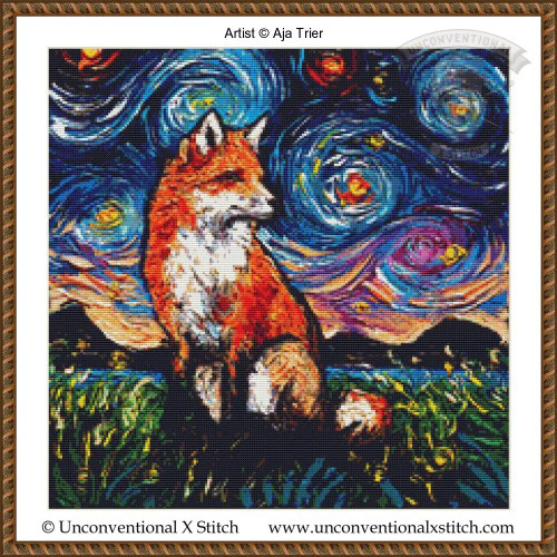  cross stitch pattern of a fox sitting in a vibrant swirling landscape in the style of Vincent Van Gogh the starry night