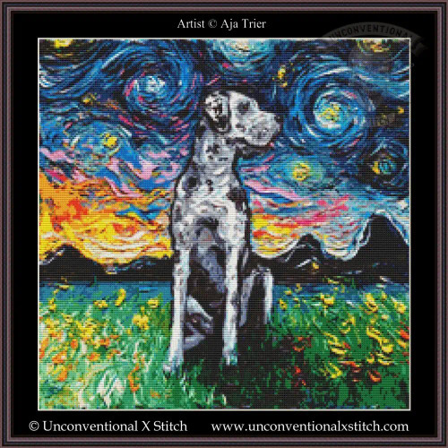 cross stitch pattern of a great dane merle dog sitting against a Vincent van Gogh the starry night inspired sky