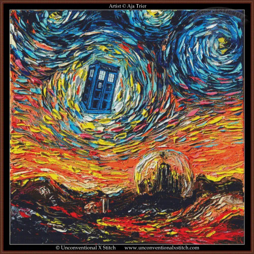 cross stitch pattern of a swirling night sky with a blue police box amidst vibrant blues, yellows, and oranges, inspired by van Goghs The Starry Night