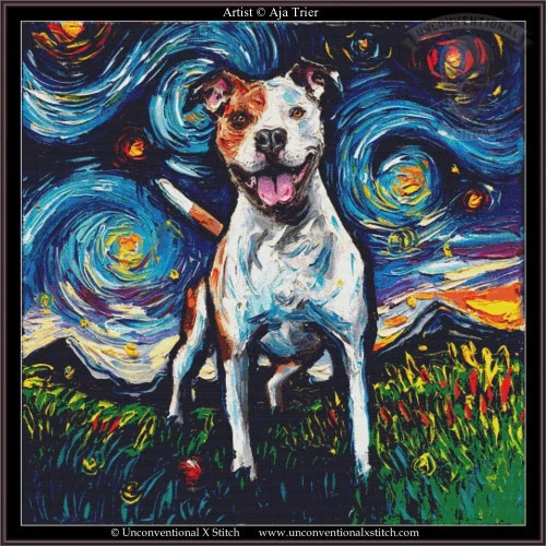 cross stitch pattern in the style of Vincent Van Gogh The Starry Night featuring a happy pitbull with waggy tail