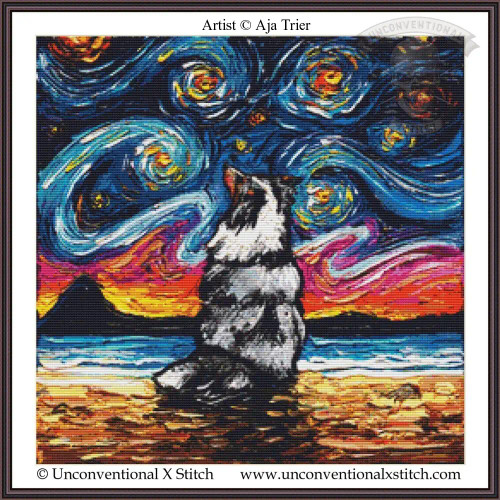 cross stitch pattern in the style of Vincent Van Gogh The Starry Night with a Shetland Sheepdog staring at the sky