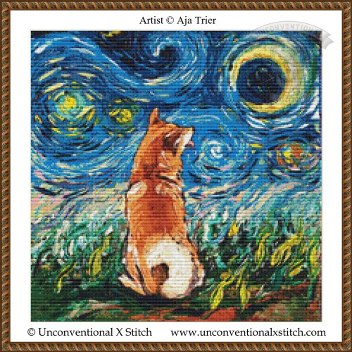 cross stitch pattern in the style of Vincent Van Gogh Starry Night with Shiba Inu dog under a swirling starry sky