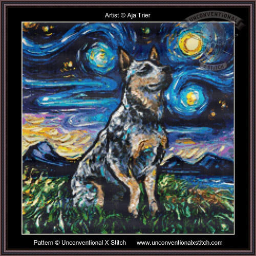 Cross-stitch pattern of a vibrant, detailed artwork featuring an Australian Cattle Dog Blue Heeler dog sitting in a field of green grass, set against a starry night sky. The sky is filled with swirling blues and yellows, reminiscent of van Gogh's "Starry Night," with prominent circular star patterns. The dog has a mottled coat with shades of grey, brown, and black, and it sits with its head tilted slightly upward, gazing into the sky. The background features dark, rolling hills along with a colourful sky transitioning from orange to dark blue.