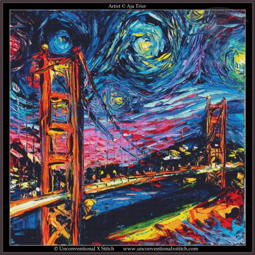  cross stitch pattern of the golden gate bridge in the style of Vincent Van Goghs starry night