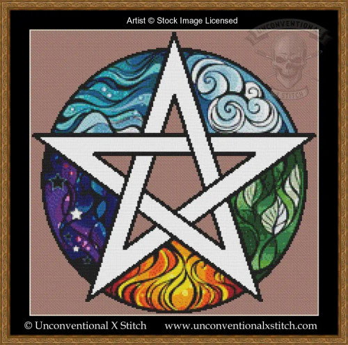 cross stitch pattern of an elemental pentagram surrounded by the elemental symbols in a circular pattern, waves, clouds, stars, leaves and flames