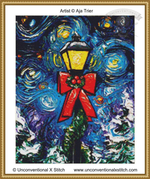 cross stitch pattern of a lamppost with red bow against a swirling blue and yellow sky in the style of Vincent Van Gogh