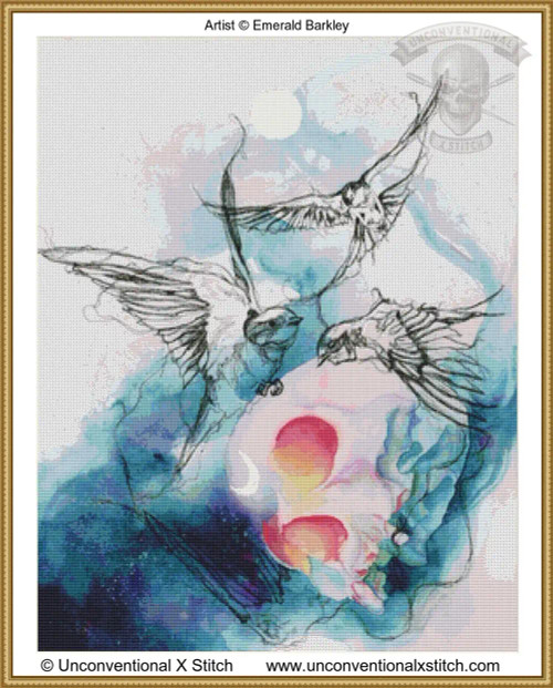 Cross-stitch pattern depicting three birds with detailed wings in flight. The birds are illustrated in black ink-like strokes, conveying a sense of movement and grace. Beneath them is a large, abstract splash of blue, teal, and purple watercolour, which gives the image a fluid and dynamic quality. The watercolour spreads across the lower part of the image and incorporates hints of pink and orange that resemble a setting sun or glowing orbs. At the centre of the splash, there is a skull, which adds an element of intrigue and contrast to the scene. A full moon, pale and translucent, hovers in the background, partially obscured by the clouds. The entire composition is set within a simple gold frame.