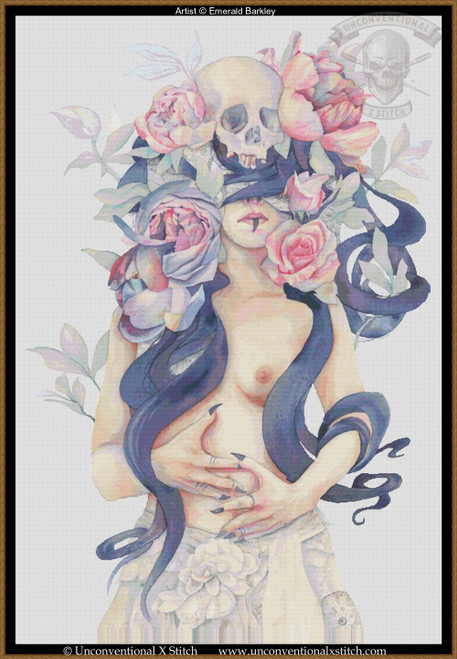 depicts an artistic rendering of a faceless, nude upper body of a person. The head is replaced by a human skull adorned with large, blooming flowers. These flowers, primarily in shades of pink and purple, cascade around and partially cover the face. Long, flowing dark blue ribbons intertwine with the flowers and loosely wrap around the neck and down the figure's body. The person’s hand is gently resting on their abdomen, fingers with long, pointed nails. The texture and color palette are soft and pastel-like, giving it a watercolour effect.