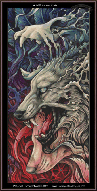 Cross-stitch pattern of a detailed, stylized depiction of a wolf's head, combining elements of abstraction and surrealism. The upper portion of the wolf’s face is dissolved into fluid, bone-like structures, giving an impression of transformation. The wolf's eye is prominently white and intense, adding to the dramatic effect. Its open mouth exposes sharp teeth and a visible tongue, surrounded by swirling red and pink ribbons that suggest motion and energy. The background features a vivid, intricate pattern of swirling blues and purples, creating a dynamic contrast with the warm colors in the foreground.