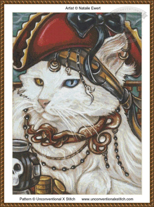 A detailed cross stitch pattern depicting a white cat dressed as a pirate. The cat has heterochromia, with one blue eye and one amber eye, giving it a striking appearance. It is adorned with a red brown pirate hat with a black bow and gold trim, decorated with various chains and jewels. A spiral earring dangles from its ear, and a beaded necklace wraps around its neck. Beside the cat, there is a stack of gold coins and a black barrel displaying a white skull motif. The background features a patterned design with green and gold colors, enhancing the pirate.