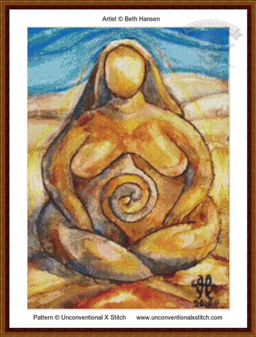 cross stitch pattern of a seated faceless figure with a spiral on the abdomen, in earthy tones with a blue sky background