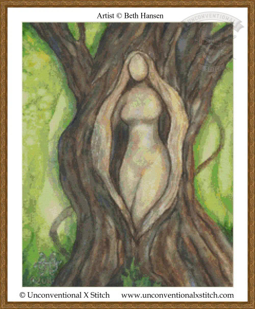 cross stitch pattern of an abstract human figure in a tree trunk with green foliage background