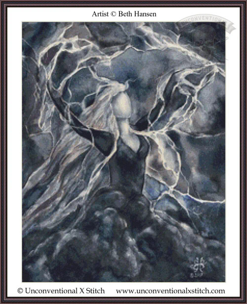  cross stitch pattern of an abstract artwork of a faceless figure with flowing robes and lightning patterns in a blue-gray palette