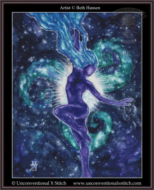  cross stitch pattern of a purple humanoid figure floats in a starry cosmic backdrop with swirling blue and teal patterns