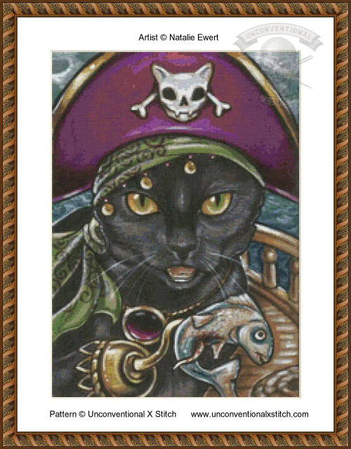 A cross-stitch pattern of a black cat dressed as a pirate. The cat has striking golden eyes and wears a purple pirate hat adorned with a white skull and crossbones. A green bandana with swirling patterns is tied around its head. The cat is holding a fish by the hooked paw. The background consists of a wooden ship deck with hints of the sea visible beyond the railing. 