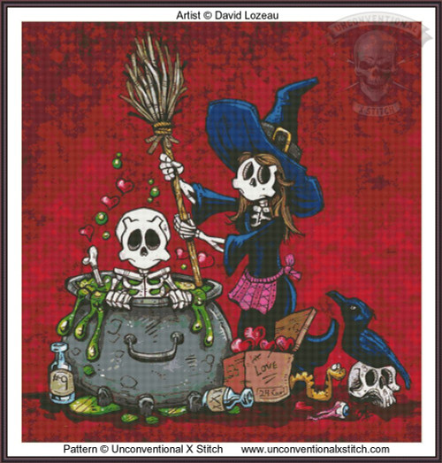 The cross-stitch pattern depicts a whimsical scene of a skeleton witch stirring a cauldron with a skeleton submerged inside. The witch, wearing a large, blue pointed hat and a ragged blue gown with a pink skirt, is holding a broom-like stirring stick. The cauldron is bubbling with green liquid and suspended bubbles. Around the cauldron, there are various objects, including a blue glass bottle labeled "#9," and a cardboard box marked "Love 24K." Beside the box are small red hearts, a black raven, and a skull on the ground. The background is a deep red, giving a mystical and eerie ambiance to the illustration.