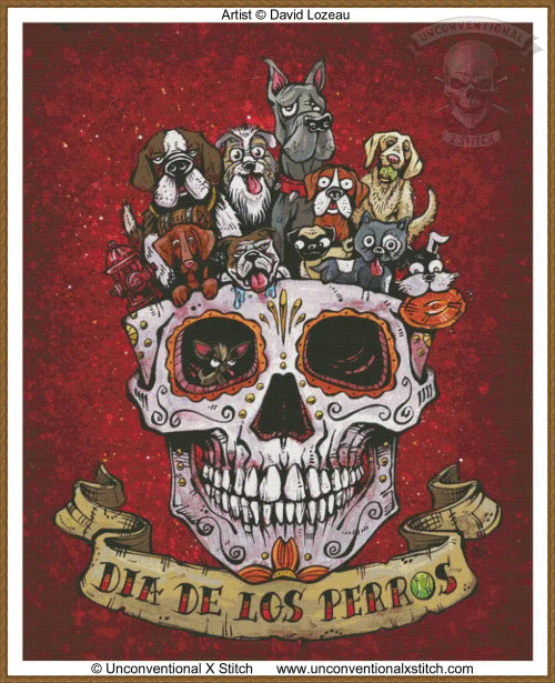 Cross-stitch pattern of  a stylized sugar skull adorned with artistic details in a Day of the Dead theme. Positioned atop the skull are a variety of cartoonish dogs, each with distinct characteristics and expressions, evoking a playful and whimsical mood. The background is a deep, textured red, enhancing the focal elements with its contrast. The sugar skull is intricately decorated with swirling lines and colourful accents, including marigold flower-like embellishments around the eyes. At the base of the skull is a banner that reads "DIA DE LOS PERROS" in decorative black lettering. The entire composition is vibrant and festive, capturing a celebratory feel.