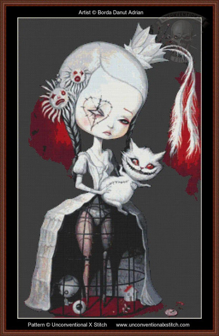 A cross-stitch pattern of a surreal figure with a pale face and closed eyes, adorned with intricate black stitches across the face forming a heart shape around one eye. The figure has long white hair styled in a braid mixed with red and white tendrils resembling feathers, and is dressed in a white, Victorian-style dress with puffed sleeves. She holds a grinning white cat with red eyes. At the base of the figure’s dress, there are twisted, cage-like structures with a black, grid-like pattern, revealing faint legs within. There are abstract shapes and eyes in the lower corner, adding to the eerie ambiance.