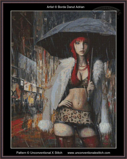 A cross-stitch pattern of a woman standing in a cityscape under a large, dark umbrella. She has long red hair and is wearing a revealing outfit composed of a leopard print skirt, a red bra, and a white fur jacket. Her facial expression is neutral and she appears to be looking directly at the viewer. The background is an abstract urban scene with blurred lights and vertical streaks suggesting rain, creating a moody atmosphere. The color palette is predominantly dark with splashes of red and orange, enhancing the dramatic effect.
