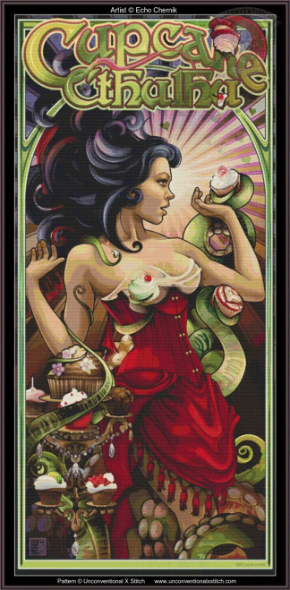 cross-stitch pattern of art nouveau-style illustration of a woman with an elaborate hairstyle and flowing dark hair. She is adorned in a red corset dress embellished with cupcakes, with one topping her shoulder like a brooch. A swirling, green, tentacle-like vine wraps around her, holding additional cupcakes. The background is composed of radiating lines in shades of pink and beige, contributing to the vibrant and whimsical composition. The upper section of the image includes ornate, decorative text in a stylized, green font.