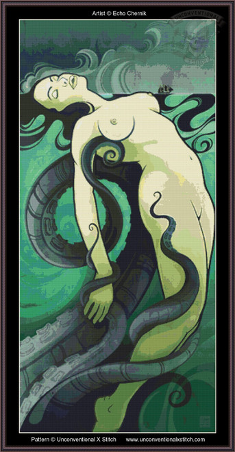 The cross-stitch features a stylized, artistic depiction of a reclining naked female figure, positioned horizontally across the frame. Her skin is pale with subtle shading, and her long, dark hair swirls around her head in flowing, curvilinear forms. Surrounding her is a large, coiled serpent with a textured body, its scales rendered in gradients of green and gray. The background consists of swirling patterns in various shades of green, adding a dynamic and fluid sense to the image. The composition combines organic curves and a harmonious color palette, emphasizing the interplay between the figure and her surroundings.