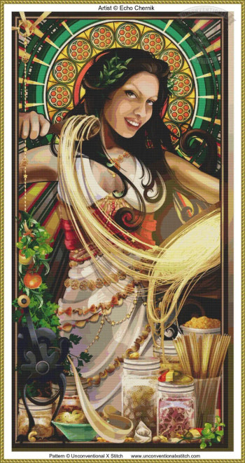 Goddess of Pasta cross stitch pattern