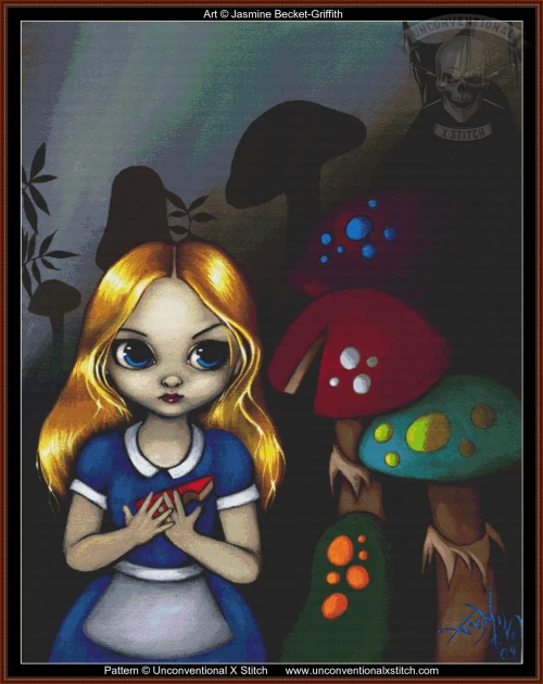 A whimsical cross stitch of Alice in wonderland with colourful mushrooms in the background. 