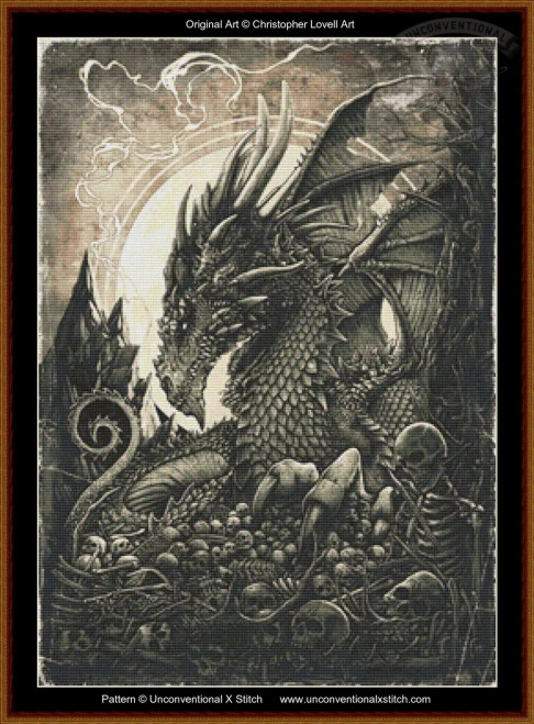 Cross-stitch pattern of a detailed illustration of a dragon surrounded by a dark, ominous landscape. The dragon is depicted in profile, with its head turned slightly towards the viewer, showcasing intricate scales and sharp, curved horns. Its wings are expansive and folded, casting shadows over its scaled body. Surrounding the dragon are piles of bones and skulls, adding to the dark and eerie atmosphere. In the background, jagged, rocky peaks rise, and swirling clouds fill the sky with a mystical light, giving the composition a sense of depth and complexity. The entire image has a sepia-toned coloration, enhancing its old-world, mythical feel.