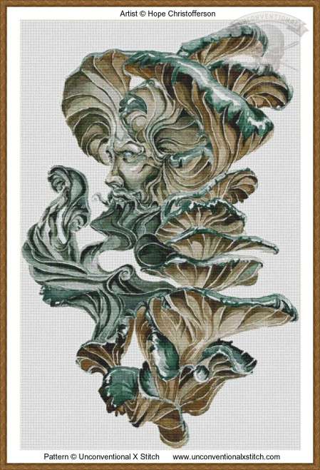 cross-stitch pattern of an intricately designed artistic piece that blends human and natural forms. It showcases a stylized face, appearing to merge with swirling, leaf-like shapes. The figure seems to be carved from mushroom with a combination of earthy tones like browns and greens, lending a natural, organic appearance. The face, rendered on profile, is surrounded by large, flowing shapes resembling leaves or petals, showcasing delicate curves and contours. 