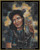 Cross-stitch pattern of a stylized portrait of a woman with long, wavy dark hair. She is dressed in steampunk themed clothing. She is gazing to the side with an expression of contemplation. The woman wears a dark, leather-like garment with visible buckles and a blue gemstone on her chest. Perched on her shoulder is a small, mechanical-looking owl with metallic features and detailed feathers. The background consists of blurred, round shapes in muted tones of yellow, grey, and blue, creating a bokeh effect that gives a dreamy atmosphere to the scene.