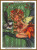 Cross-stitch pattern of a whimsical scene of a fairy sitting atop a dark, swirling branch against a green forest backdrop with light dots depicting magical sparkles. The fairy has long, curly blonde hair adorned with red and orange leaves and berries. Her wings are translucent, tinted with light green and yellow hues. She wears an outfit made of red flowers and leaves, matching her hair decoration. Next to her is a small bird with a plump body and grey feathers, featuring a dark head and light belly. The bird perches gently on the same branch, giving a sense of harmony in the scene.